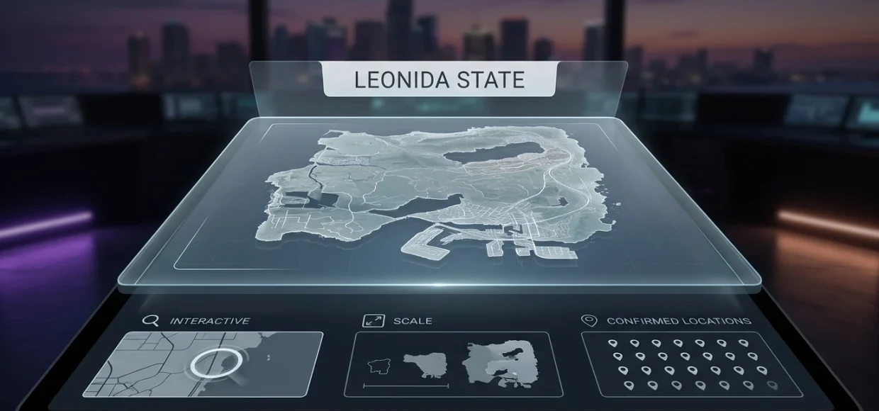 Alt Text GTA 6 map guide showing Leonida and its six officially named destinations