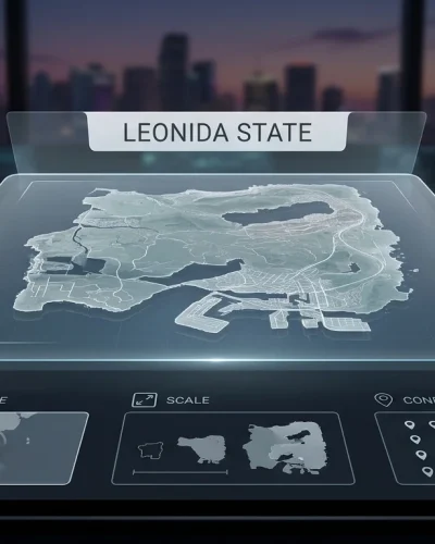 Alt Text GTA 6 map guide showing Leonida and its six officially named destinations