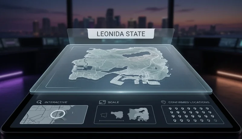 Alt Text GTA 6 map guide showing Leonida and its six officially named destinations