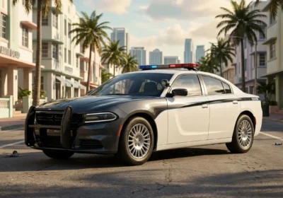 GTA 6-style police cruiser on a Vice City-inspired street