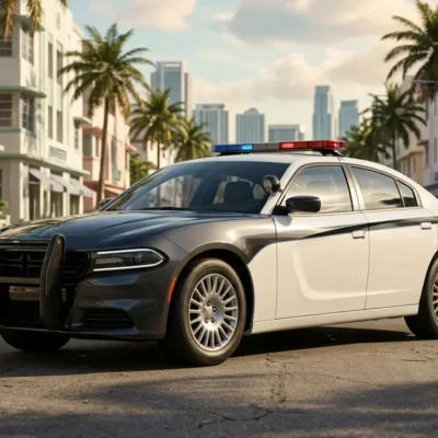 GTA 6-style police cruiser on a Vice City-inspired street