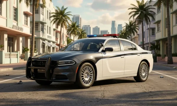 GTA 6-style police cruiser on a Vice City-inspired street