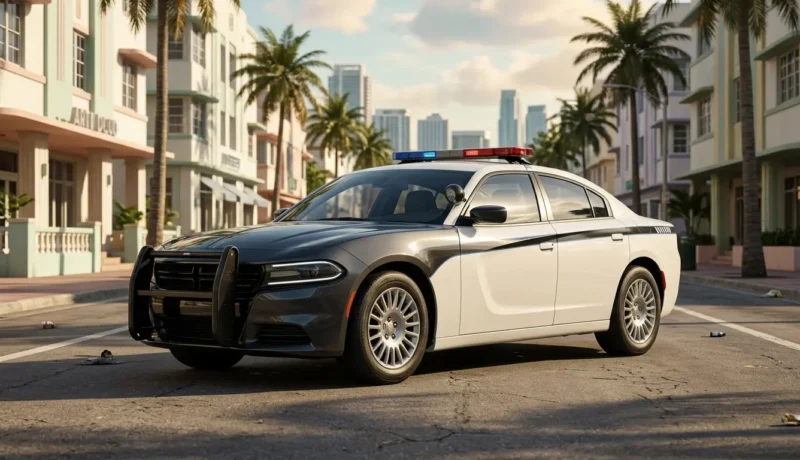 GTA 6-style police cruiser on a Vice City-inspired street