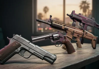GTA 6 weapons including pistols, revolvers, rifles, shotguns and other firearms revealed in official promotional material