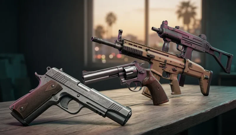GTA 6 weapons including pistols, revolvers, rifles, shotguns and other firearms revealed in official promotional material